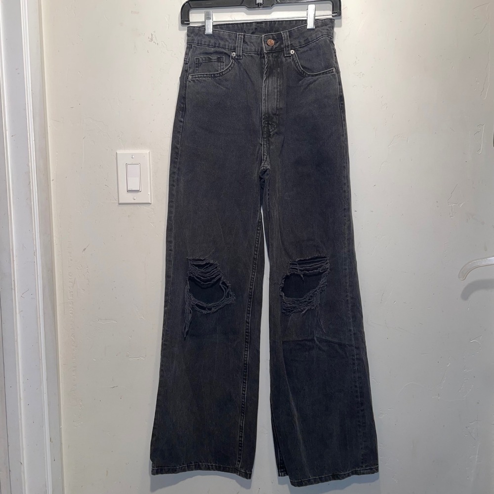 HM Divided Womens High Waisted Wide Leg Distressed Jeans Washed Black Size 4